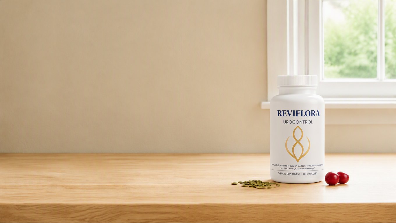 The Reviflora UroControl bottle on a kitchen counter in morning light